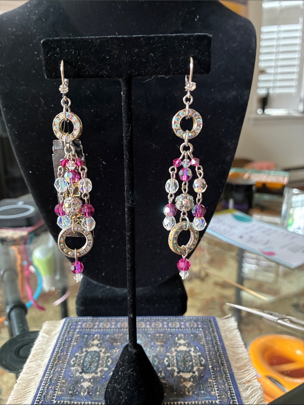 Crystal Bead Dangle Earrings in Pink and Clear
